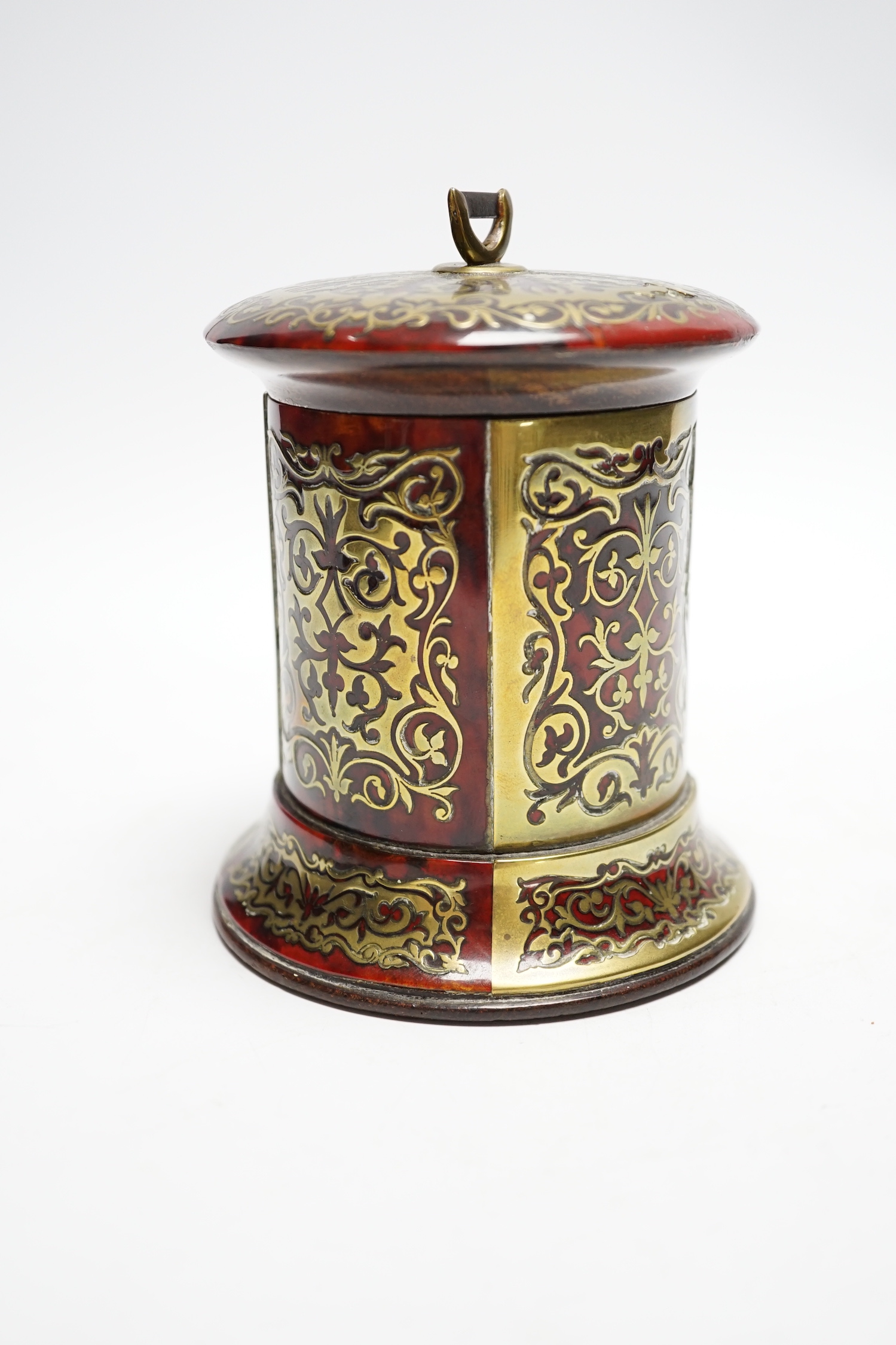 A 19th century French Boulle work cylindrical string box and cover, 12cm high